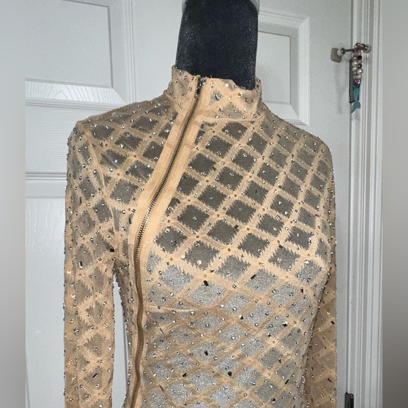 Elegant clear gem studded Long Sleeve shear Dress asymmetrical stylish zipper - Picture 3 of 13